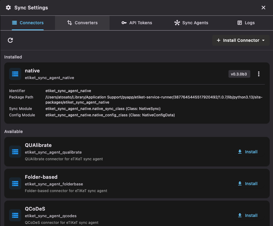 The Sync Settings dialog, open on the Connectors tab, showing the installed connectors and the available ones with an Install button.