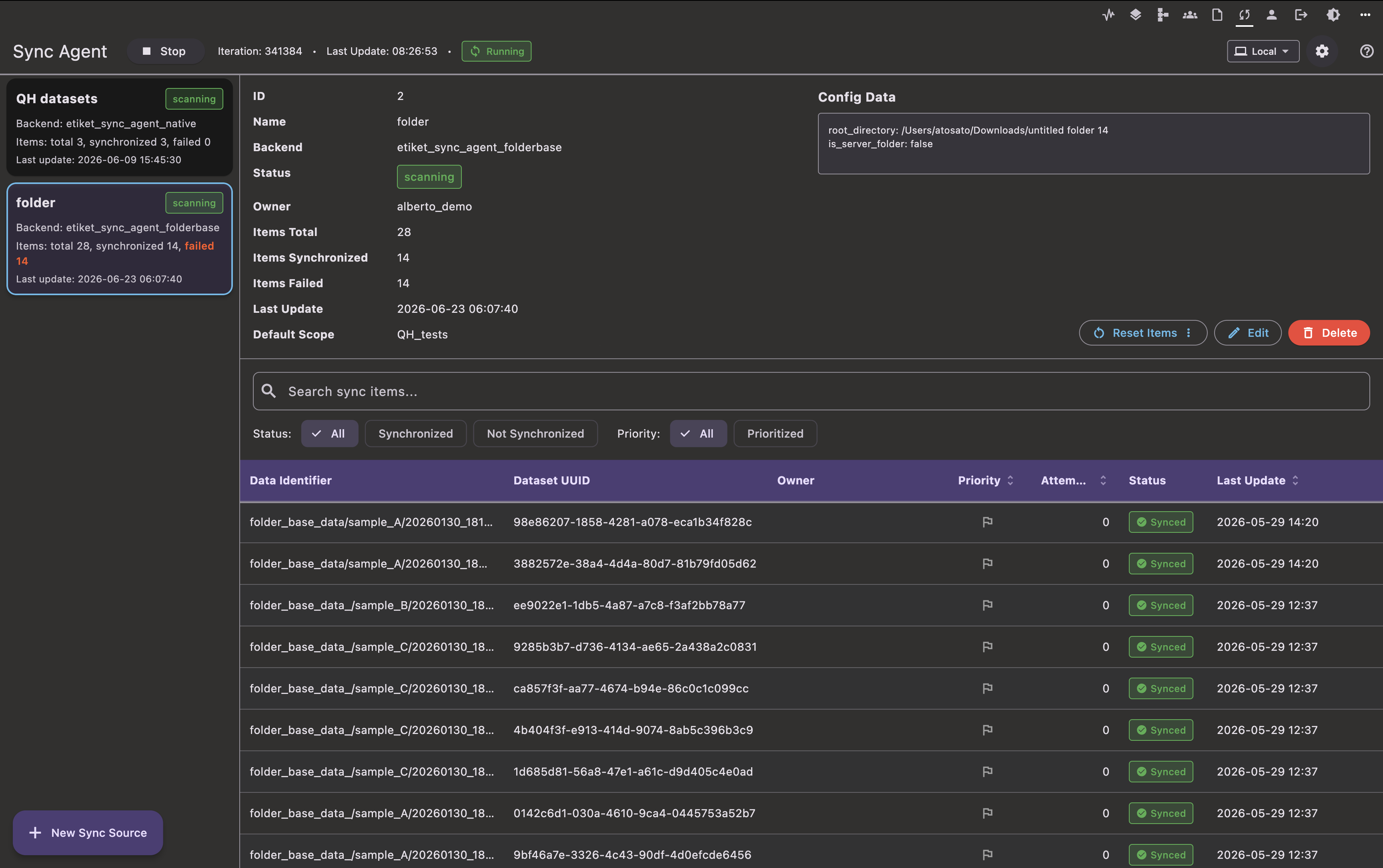 The Sync page: the sync-source list on the left, the selected source's details and configuration at the top right, and that source's sync items in the table below.